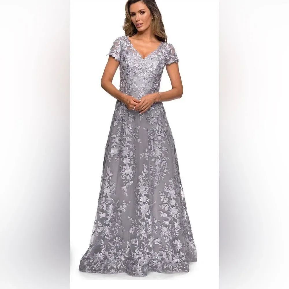 NEW La Femme Dress Silver 27870 Lace Overlay V-Neck Maxi Gown Dress Size 14